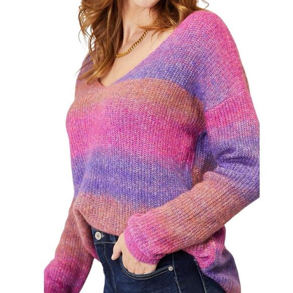 Purple Pink Ombre Rib-Knit V-Neck Knit Pullover Sweater NWT - Double Take - Picture 6 of 10